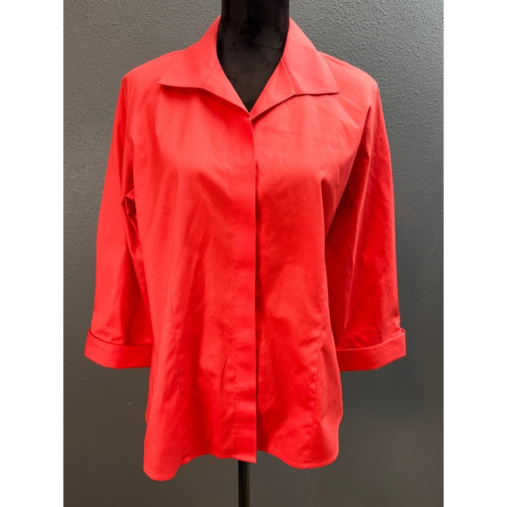 Chico's Shirt Women Sz L Red Orange Cotton Preppy Hidden Button Non-Iron Classic